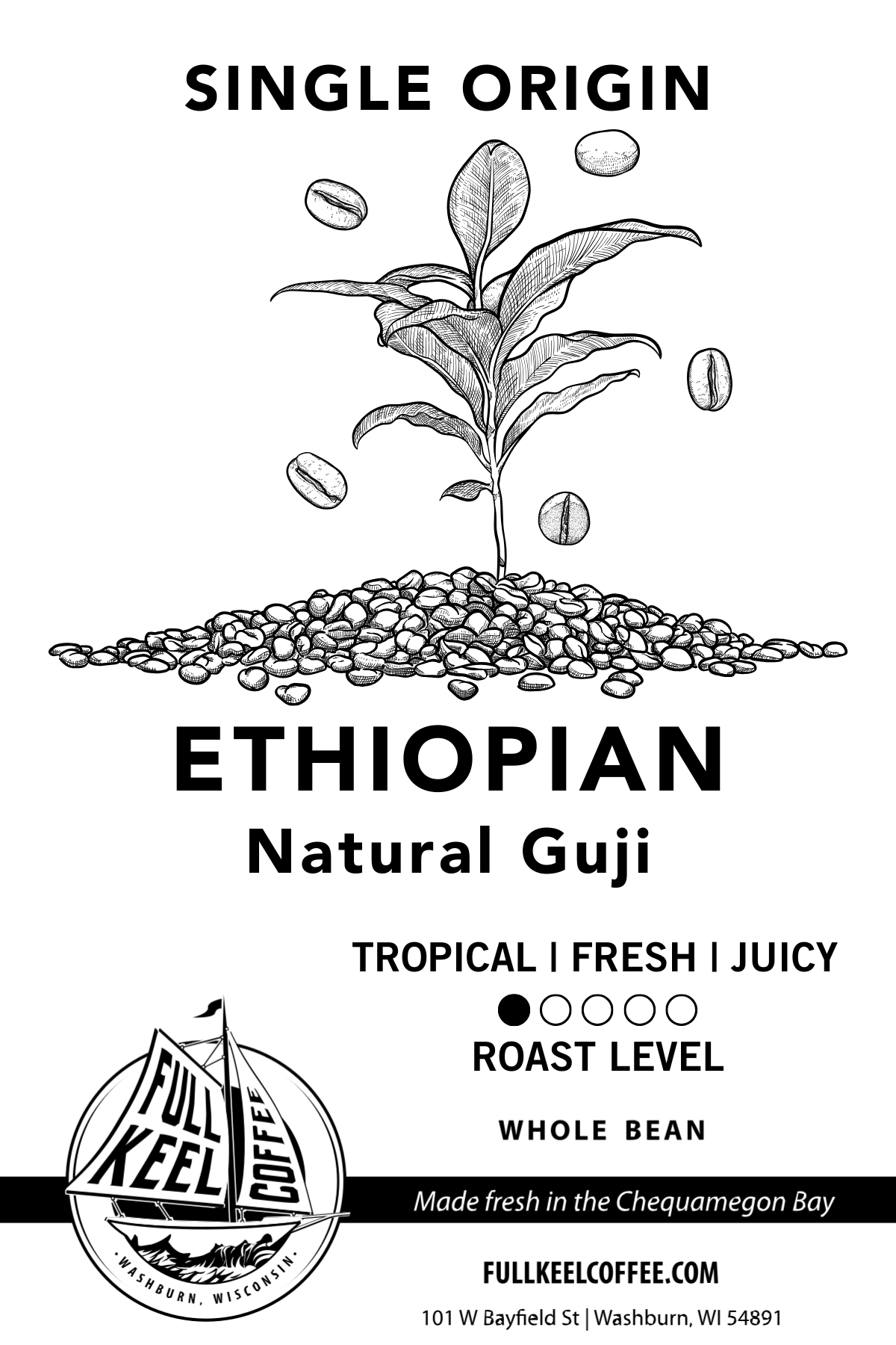 A ray of fruity sunshine for a nice light summer sipper, so we sourced a wonderful single origin natural process Ethiopian Guji. A light, smooth juicy body with heavy fruit aroma and a cherry sweetness. Roasted in Washburn Wisconsin by Full Keel Coffee