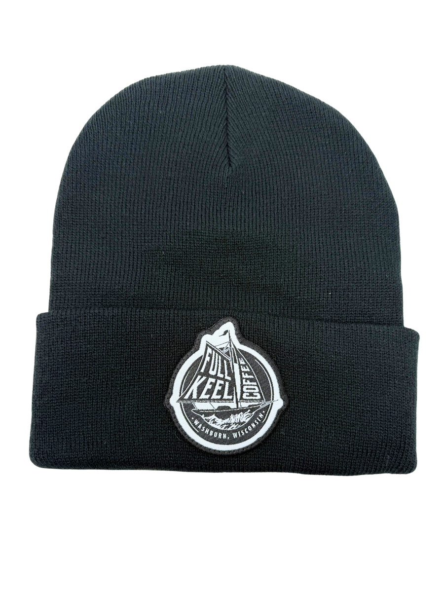 Black Knit Hat - Full Keel Coffee Woven Patch