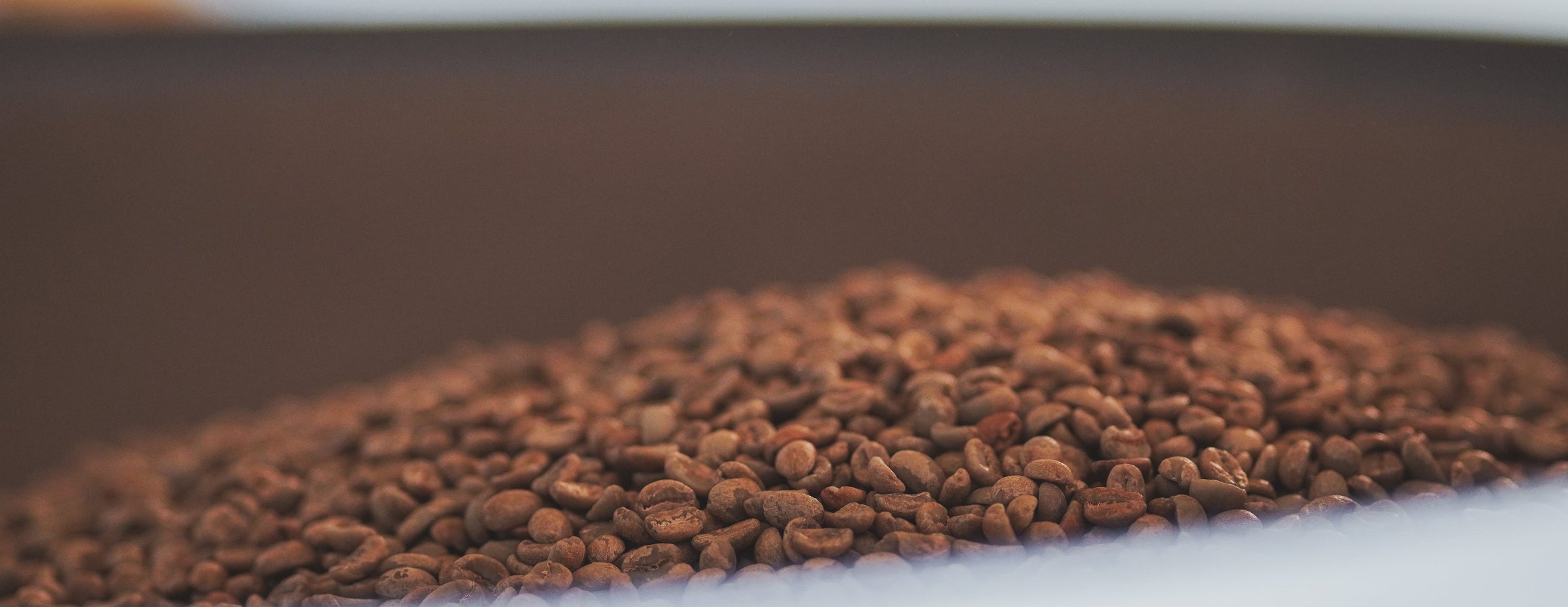 Close-up of coffee beans on a white surface with a blurred background