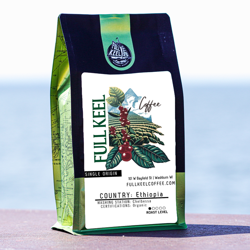 This single origin Ethiopian coffee comes from the Chelbessa washing station and is certified organic. Lightly roasted to highlight its origin, it highlights the vibrant character Ethiopia is known for.

Artisan Roasted at our in-house Full Keel Coffee roastery in Washburn, WI
