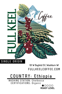 This single origin Ethiopian coffee comes from the Chelbessa washing station and is certified organic. Lightly roasted to highlight its origin, it highlights the vibrant character Ethiopia is known for.

Artisan Roasted at our in-house Full Keel Coffee roastery in Washburn, WI