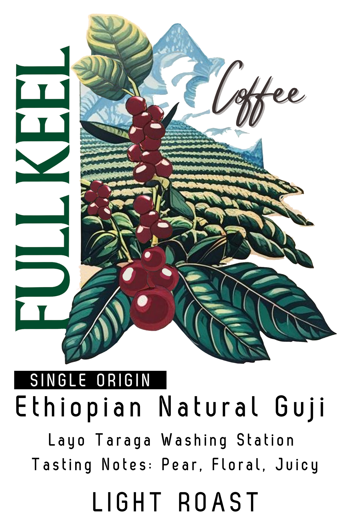 Full Keel Coffee label with coffee beans, leaves, and mountain landscape