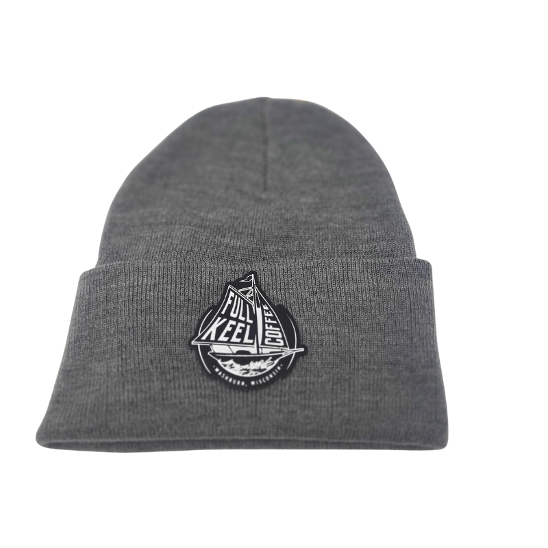 Grey Knit Hat - Silver Embossed Full Keel Coffee Faux Leather Patch