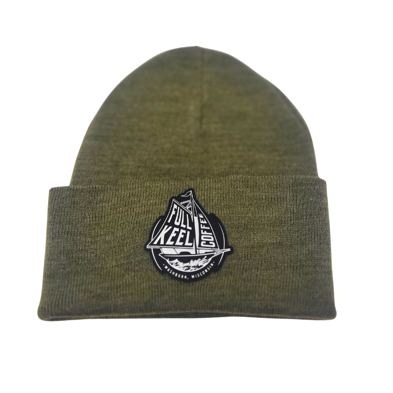 Olive Green Knit Hat - Silver Embossed Full Keel Coffee Faux Leather Patch