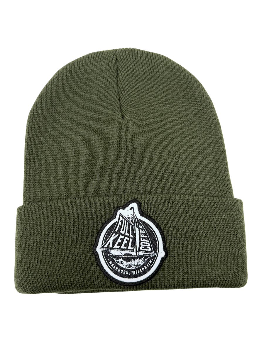 Green Knit Hat - Full Keel Coffee Woven Patch
