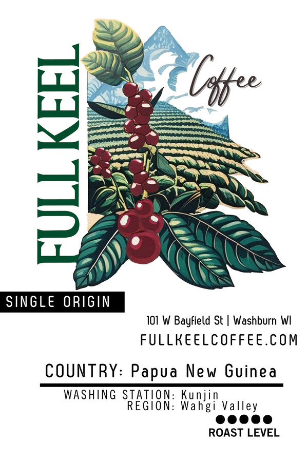 This Papua New Guinea single origin coffee comes from the Kunjin Wahgi Valley washing station.

Artisan Roasted at our in-house Full Keel Coffee roastery in Washburn, WI