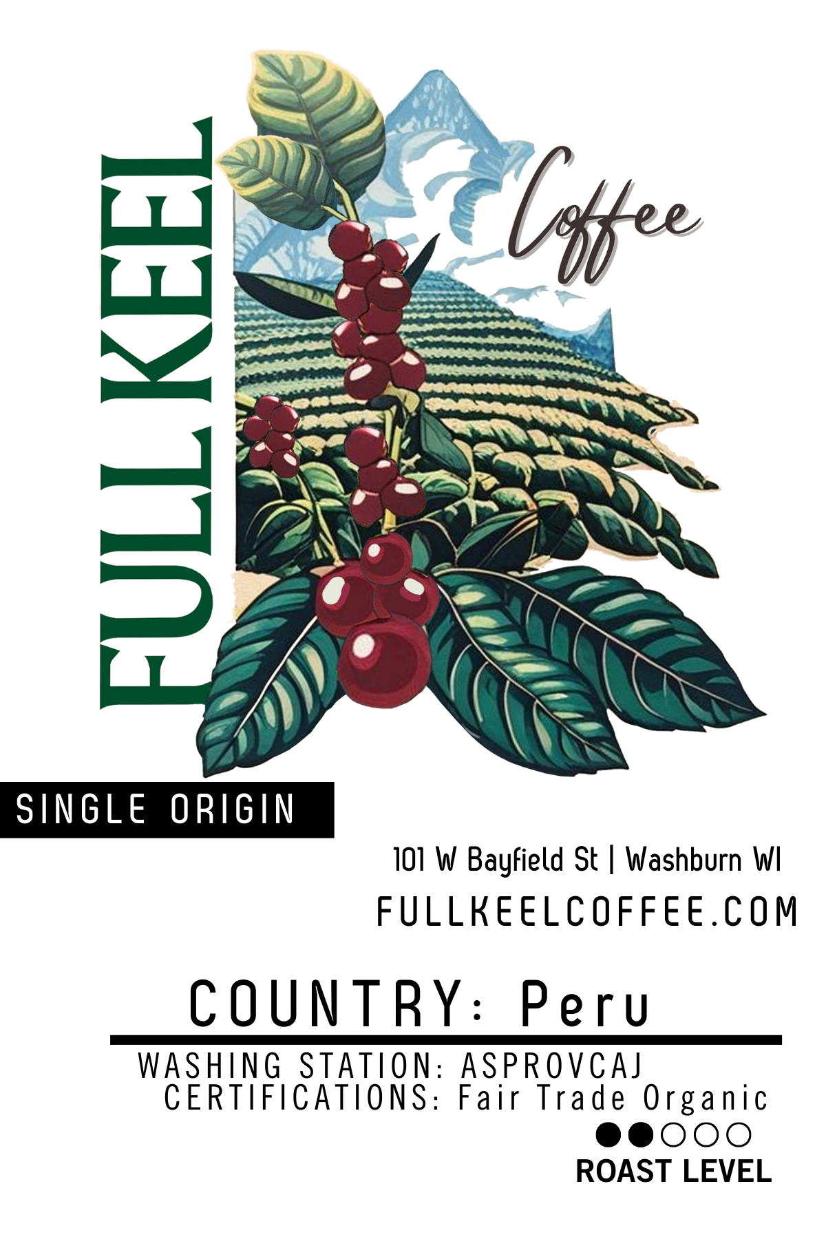 This single origin Peru coffee comes from Asociacion de Productores Valles de Cajamarca (ASPROVCAJ)  an association of producers washing station and is certified fair trade organic. 

Artisan Roasted at our in-house Full Keel Coffee roastery in Washburn, WI
