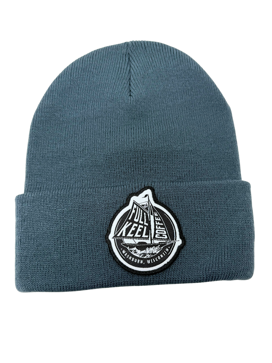 Slate Blue Knit Hat - Full Keel Coffee Woven Patch