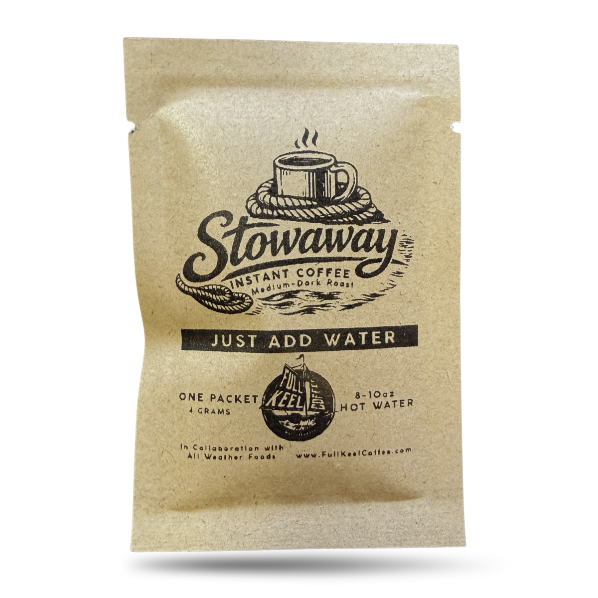 Stowaway instant coffee packet on a white background