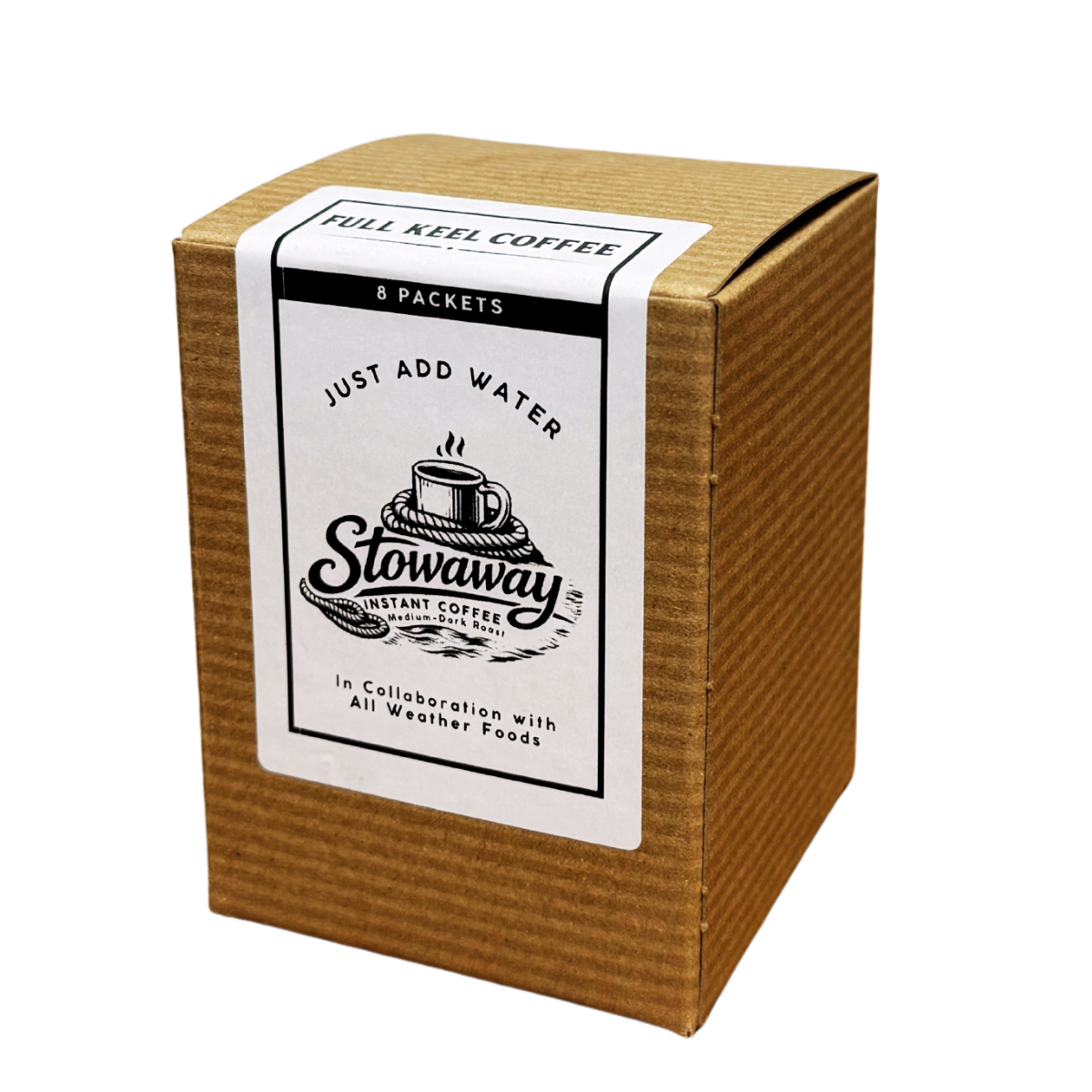 Box of Stowaway instant coffee packets with a white label on a white background