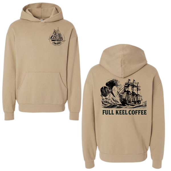 Beige hoodie with 'Full Keel Coffee' graphics on a white background