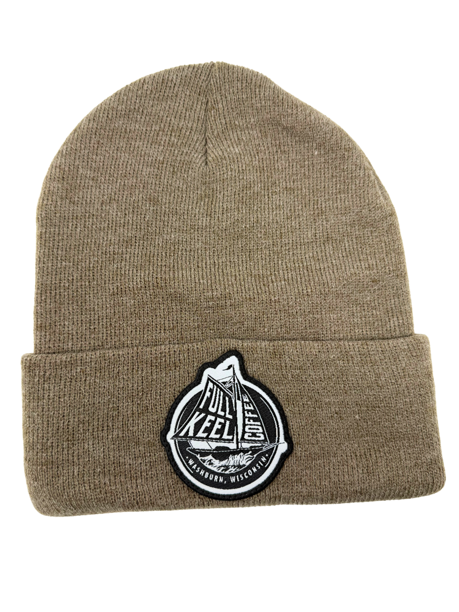 Tan Knit Hat - Full Keel Coffee Woven Patch