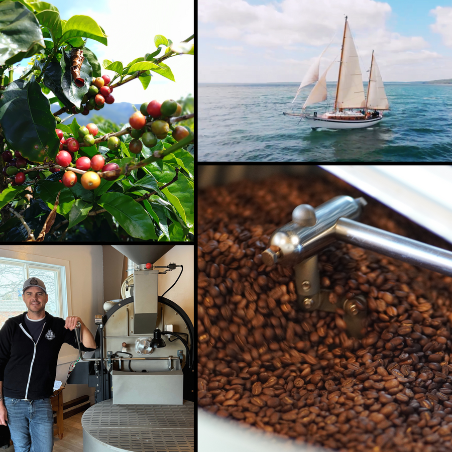 Collage of coffee plant, sailboat, coffee roasting machine, and coffee beans.