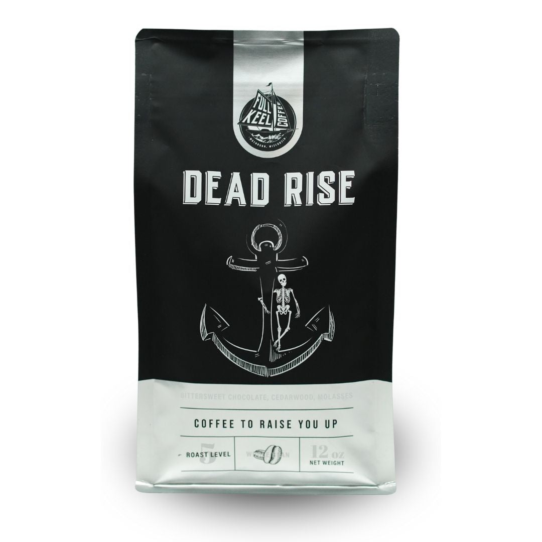 A package of Dead Rise Dark Roast coffee with a graphic of an anchor and text indicating it is a bold and forceful coffee blend.