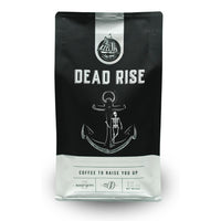 A package of Dead Rise Dark Roast coffee with a graphic of an anchor and text indicating it is a bold and forceful coffee blend.