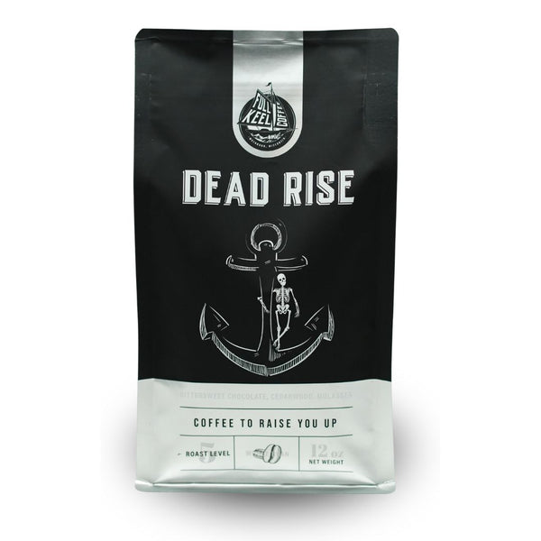 A package of Dead Rise Dark Roast coffee with a graphic of an anchor and text indicating it is a bold and forceful coffee blend.