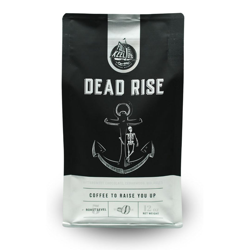 A package of Dead Rise Dark Roast coffee with a graphic of an anchor and text indicating it is a bold and forceful coffee blend.
